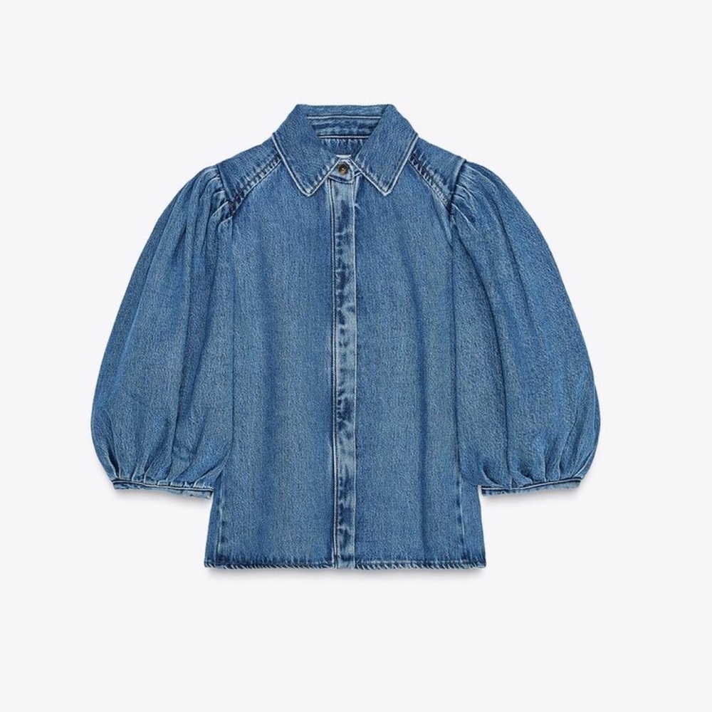 Zara Denim Puff-Sleeve Button-Front Shirt - Blue